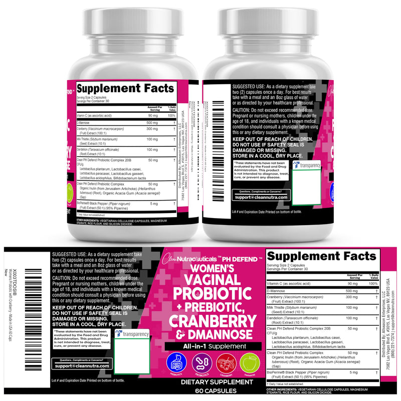 Clean Nutraceuticals Vaginal Probiotics + Prebiotics, 20B CFU Cranberry + D-Mannose Pills – 2-Pack