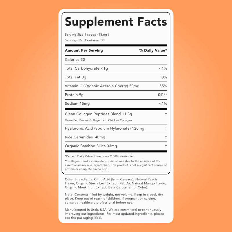 Clean Simple Eats Collagen Powder + Beauty Blend, Peach Mango – 11g Hydrolyzed Collagen, Hyaluronic Acid, 30 Servings