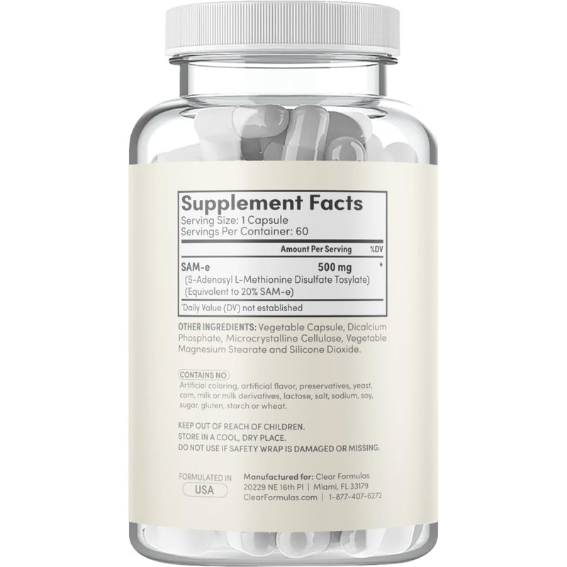 Clear Formulas Bioactive SAM-e 500mg – Mood & Liver Support (Vegan, Non-GMO, Made in USA)