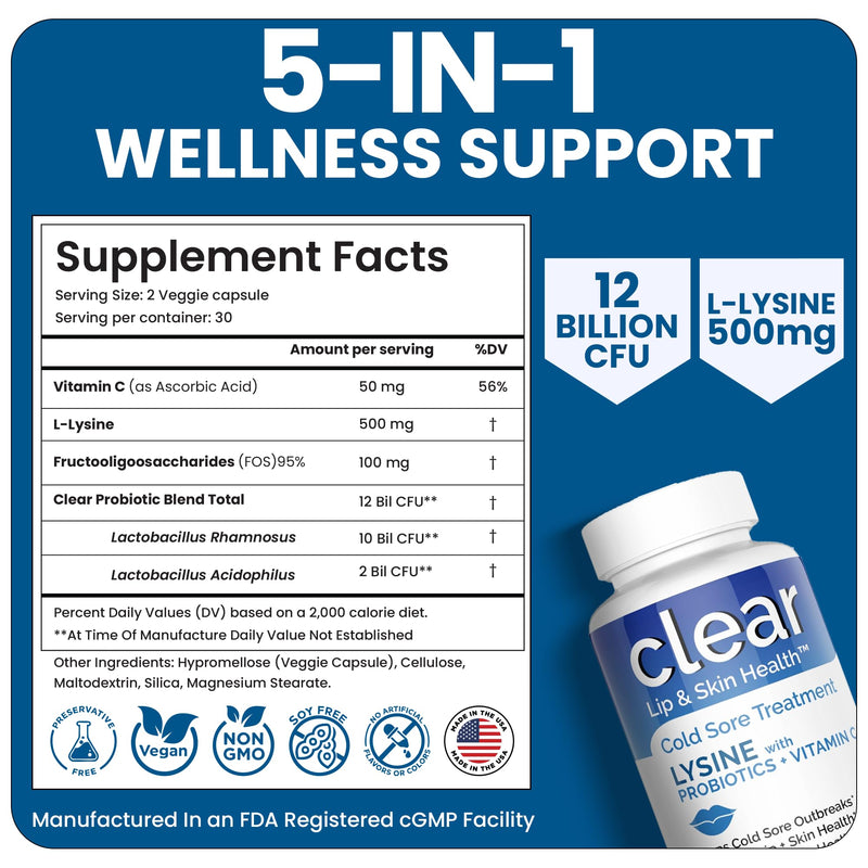 Clear Probiotics Lysine Cold Sore Treatment for Lips – Probiotic Lysine + Vitamin C – 180 Capsules
