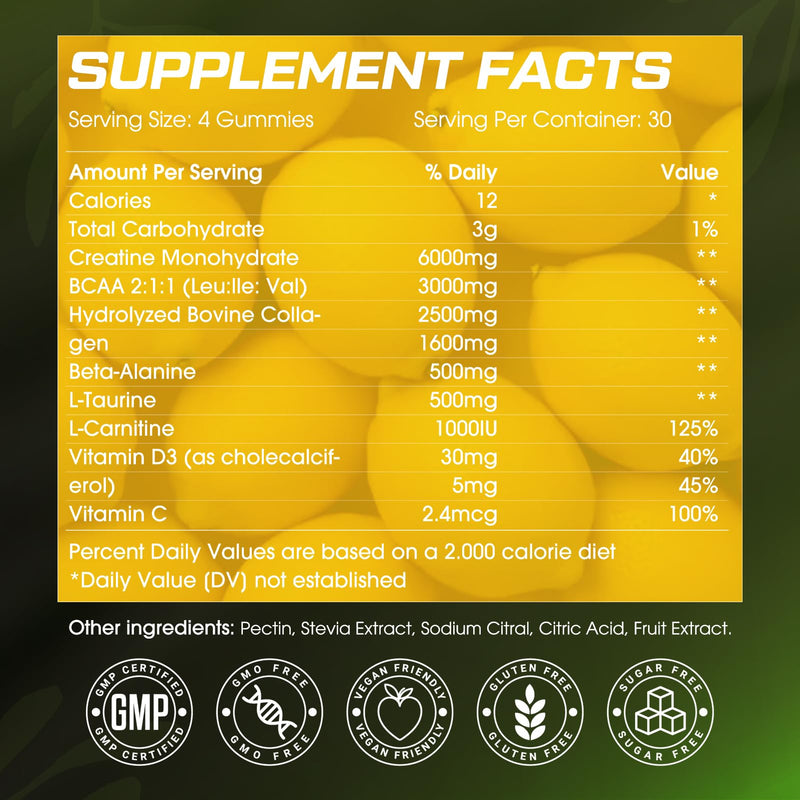 CNFDHI Creatine Gummies Monohydrate 6000MG, Pre-Workout for Women, Collagen, L-Taurine, BCAA 2:1, B12& Vitamin C for Muscle Support, Enhance Strength, Energy Boost, 30 Days Supply