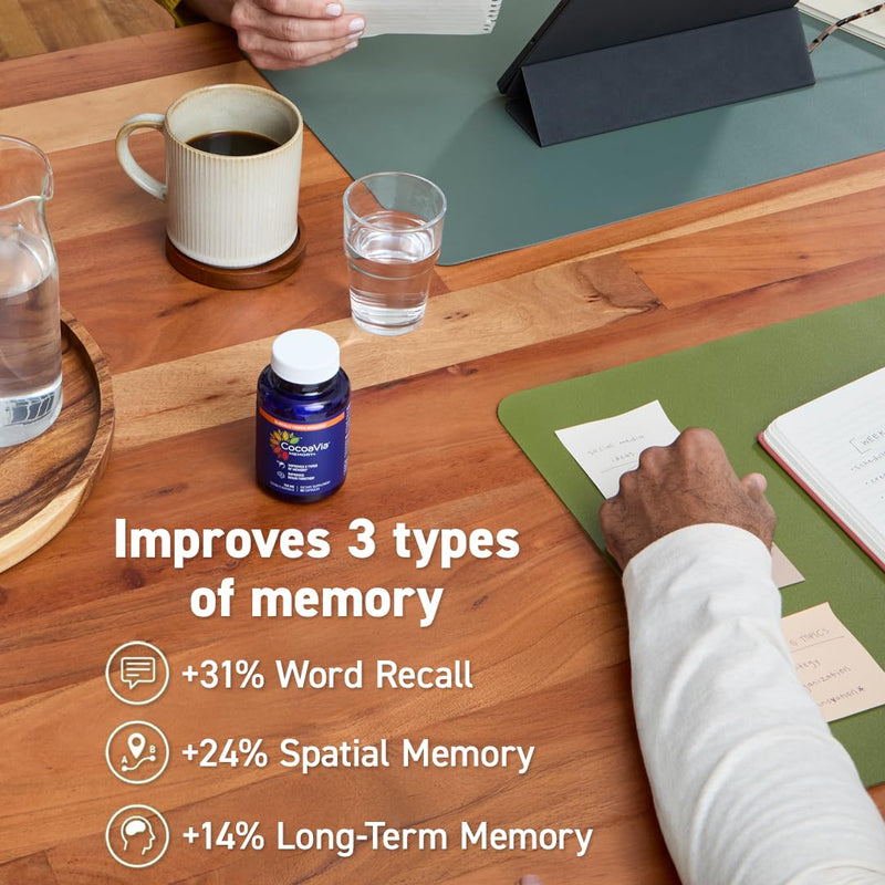 Memory+ Brain Supplement by CocoaVia | Clinically Proven 750 mg Cocoa Flavanols, Sugar Free, Vegan, 60-Day Supply