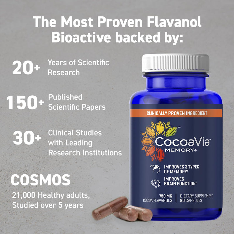CocoaVia Memory+ Brain Supplement – 750 mg Cocoa Flavanols, Plant-Based & Sugar Free