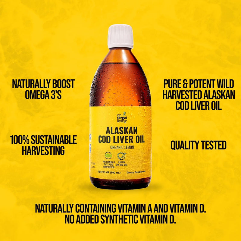 On Target Living Alaskan Cod Liver Oil – Organic Lemon 16.67 oz | Line Caught USA | Vitamin D | Omega-3 DHA/EPA | Non-GMO