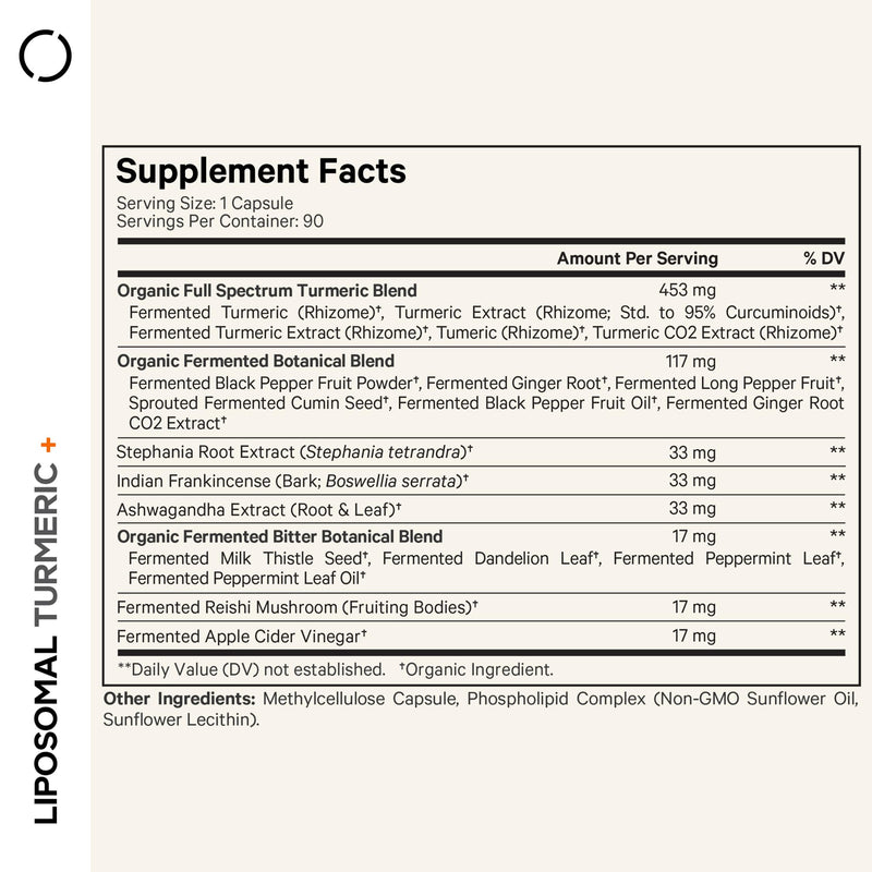 Codeage Organic Turmeric Supplement - 95% Curcumin, Liposomal Fermented Botanicals, 90 Capsules