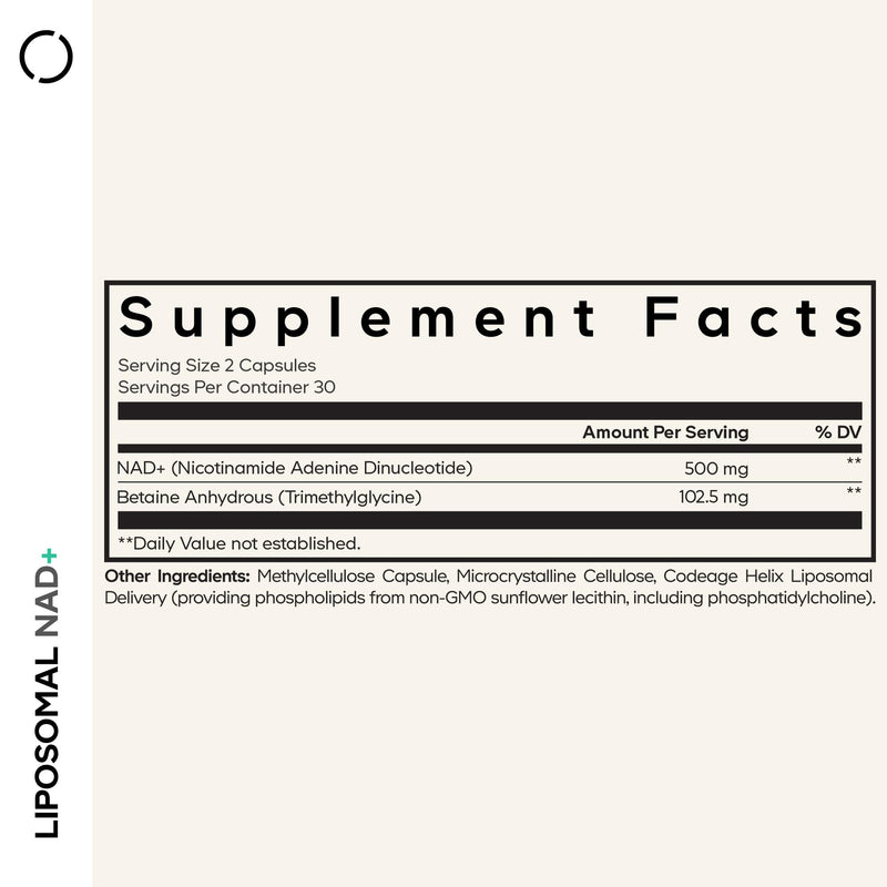 Codeage Liposomal NAD+ Supplement - 500 mg per Serving | Vegan, Non-GMO | 60 Capsules