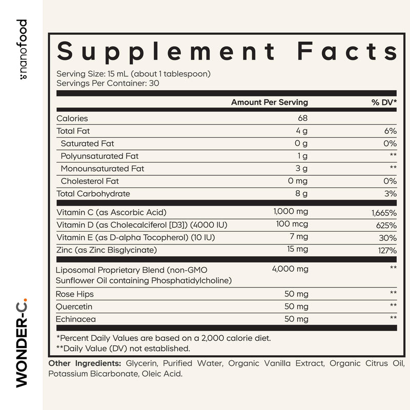 Codeage Nanofood Wonder-C Liposomal Vitamin C 1000mg – D3, E & Zinc | Rose Hips, Quercetin, Echinacea | Non-GMO, 15.22 fl oz