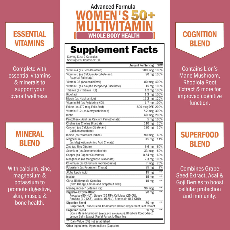 Daily Multivitamin for Women 50+ – Memory Support & Immune Health | 60 Capsules