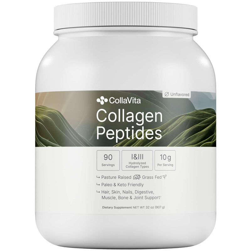 Colla Vita Collagen Peptides Powder - Grass-Fed, Pasture-Raised, Hydrolyzed Type I and III - Unflavored, 32 oz, 90 Servings