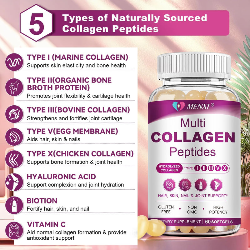 Multi Collagen Peptides Softgels - Types I II III V X with Biotin Vitamin C Hyaluronic Acid