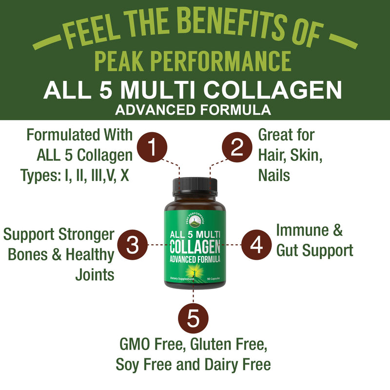 Peak Performance All 5 Multi-Collagen Capsules – 90 Pills, Grass-Fed Peptides | Collagen Types I, II, III, V, X