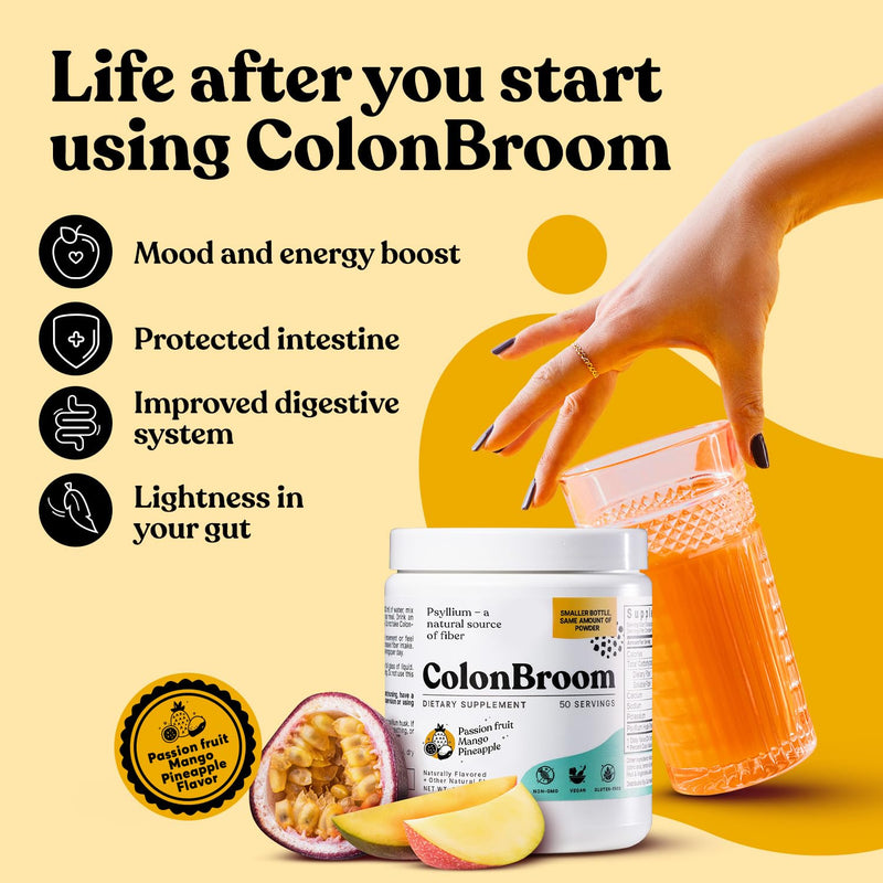 ColonBroom Psyllium Husk Powder with Stevia – Tropical Fruits Flavor, 100 Servings
