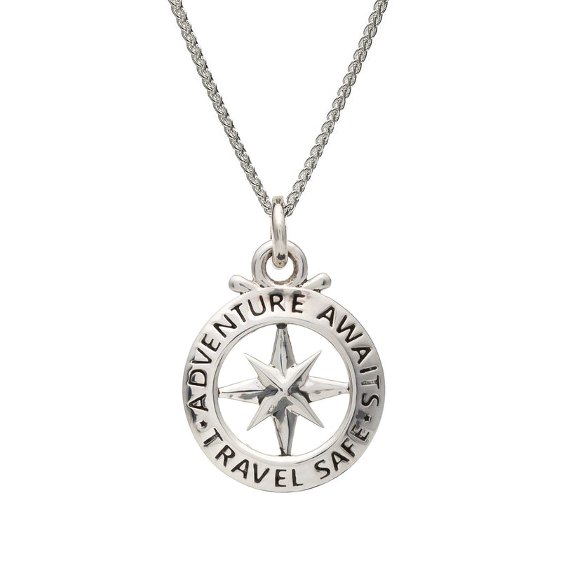 Travel Safe Outline Compass Silver Charm