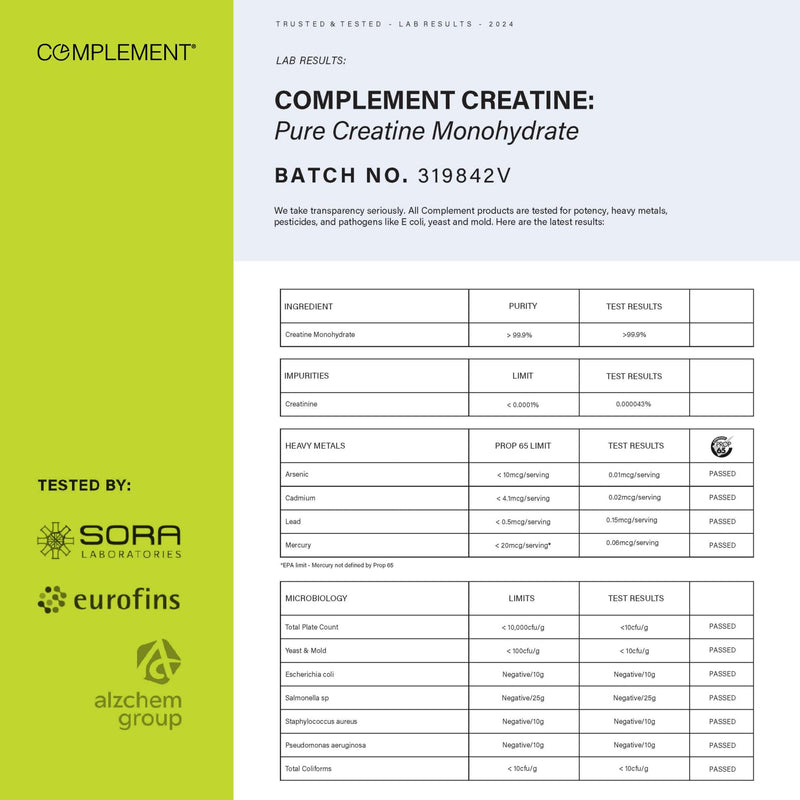 Complement Creatine Monohydrate Micronized Powder – 5g, 60 Servings | Vegan, Unflavored