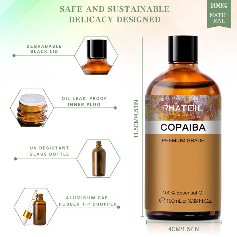 Copaiba Essential Oil 100ml (3.38fl.oz) | PHATOIL Pure Aromatherapy Oil for Diffuser, Humidifier, DIY Soap, Candle & Bath Bombs
