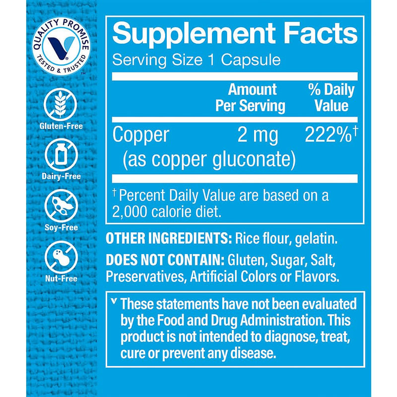 Copper 2mg by The Vitamin Shoppe – Iron Metabolism, Antioxidant Support & Immune Function (100 Capsules)