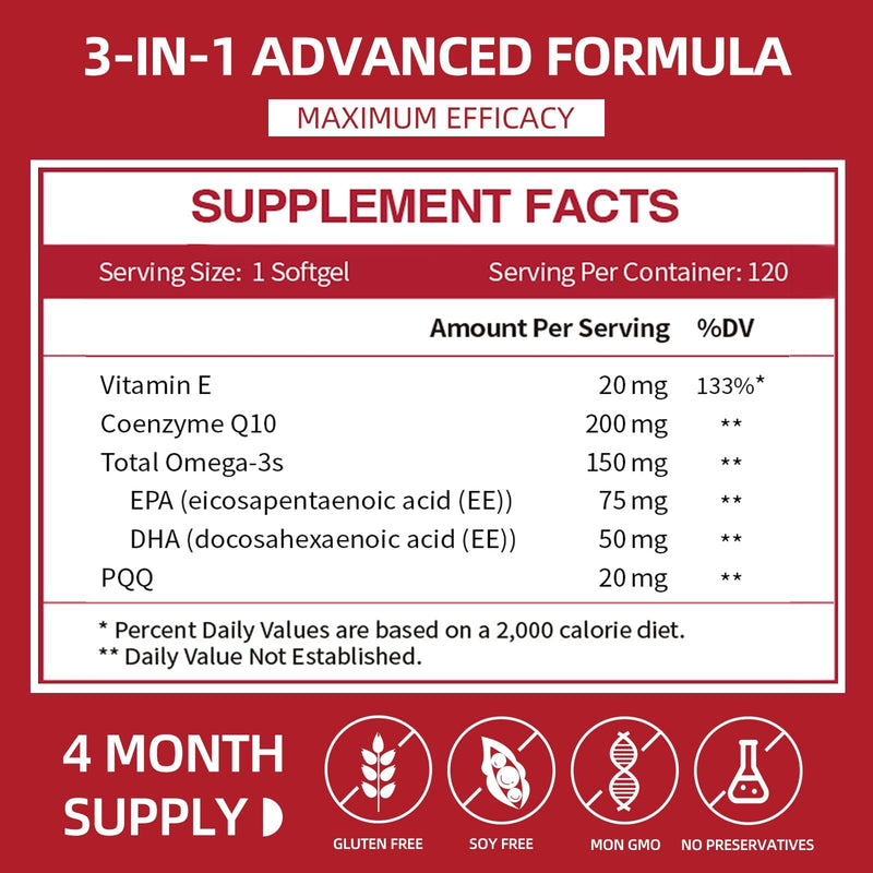 CoQ10 200mg Softgels with PQQ & Omega-3 – Maximum Absorption, 120 Count