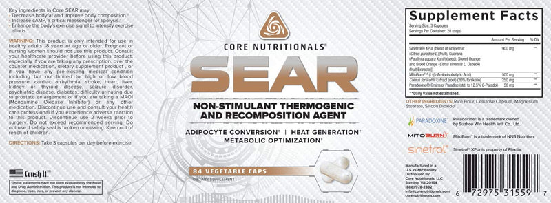 Core Nutritionals SEAR Thermogenic Fat Burner | Non-Stim Recomposition Agent | Paradoxine & Grains of Paradise | 84 Vegetable Capsules