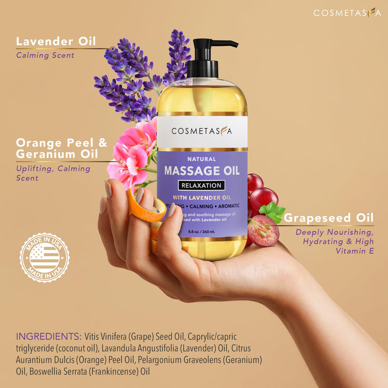 Cosmetasa Lavender Massage Oil with Roller – All Natural, Cruelty-Free Spa-Quality Skin Therapy Oil (8.8 oz)