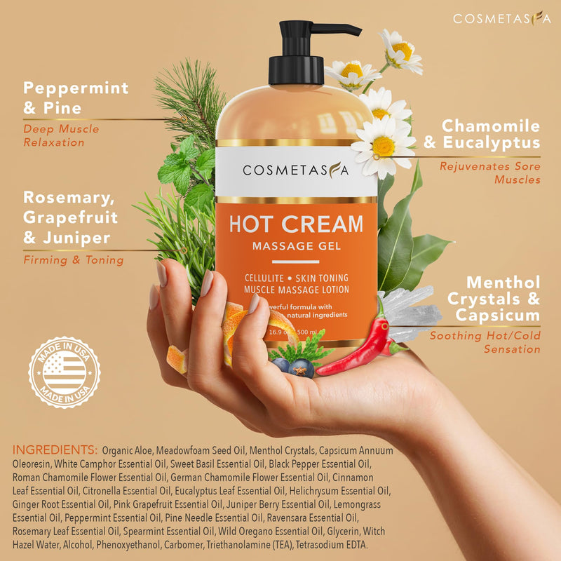 Cosmetasa Hot Cream Massage Gel with Massager Mitt – 87% Organic, 16.9 oz