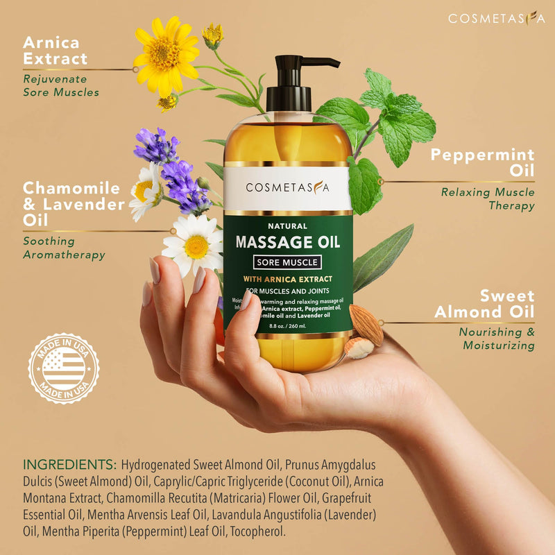 Cosmetasa Sore Muscle Massage Oil 8.8 oz – Arnica, Peppermint & Lavender