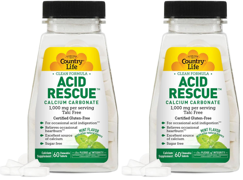 Country Life Acid Rescue Chewable Tablets – Certified Vegan & Gluten-Free Heartburn Relief, 400mg Calcium & Magnesium