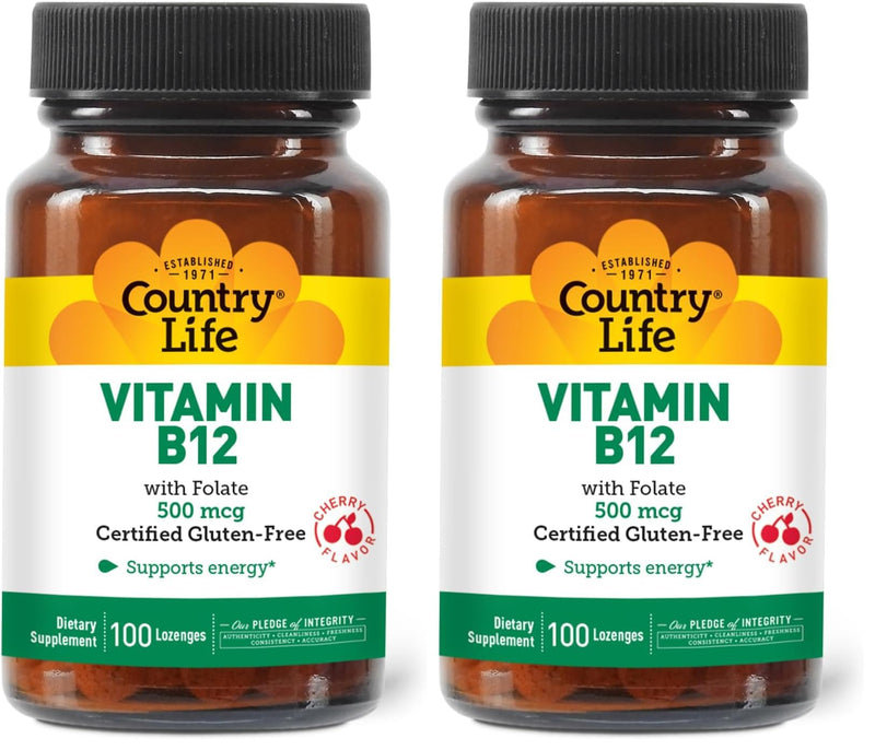 Country Life Vitamin B12 with Folate 500mcg – 100 Lozenges | Gluten Free, Vegan, Halal (Pack of 2)