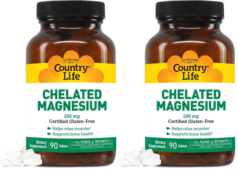 Country Life Chelated Magnesium 250mg – Supports Bone & Immune Health | 90 ct Pack of 2