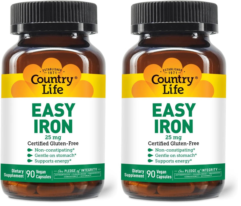 Country Life Easy Iron 25mg Capsules – Ferrochel Non-Constipating Vegan Iron Supplement (Pack of 2)