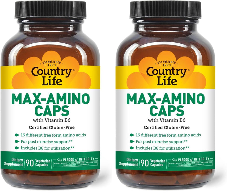 Country Life Maxi-Amino: 16 Free-Form Amino Acids, 90 Veg Capsules per Bottle, Pack of 2 | Gluten Free & Vegetarian