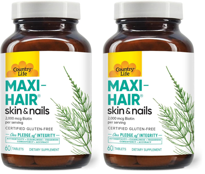 Country Life Maxi-Hair Supplement – 2000mcg Biotin, Hair, Skin & Nails – Gluten-Free & Vegetarian – Pack of 2