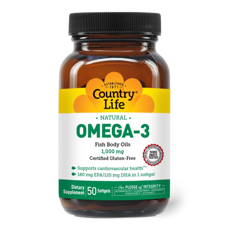 Country Life Omega-3 Fish Oil Supplement – 10000mg, 180mg EPA / 120mg DHA, Burpless, 50 Softgels, Gluten Free