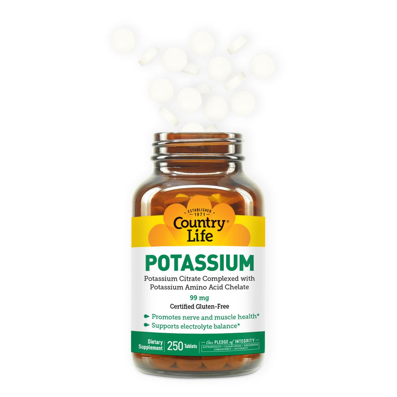 Country Life Potassium 99 mg Chelated Tablets - 250 Count | Gluten Free, Vegan, Kosher
