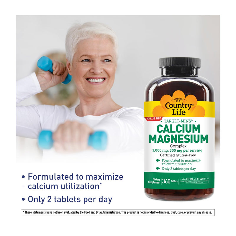Country Life Target-Mins Calcium Magnesium – 1000mg Ca / 500mg Mg, 2:1, Gluten Free