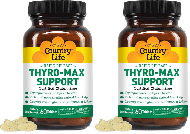 Country Life Thyro-Max Support - Kelp-Derived Iodine & L-Tyrosine Thyroid Supplement for Men and Women - B Vitamins, Gluten-Free, Vegan, Kosher - 60 Capsules (Pack of 2)