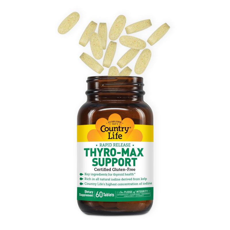 Country Life Thyro-Max Support - Kelp-Derived Iodine & L-Tyrosine Thyroid Supplement for Men and Women - B Vitamins, Gluten-Free, Vegan, Kosher - 60 Capsules (Pack of 2)