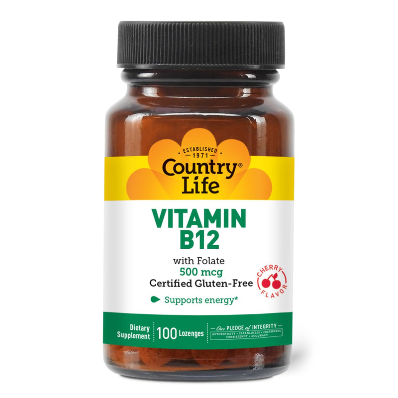 Country Life Vitamin B12 with Folate 500mcg – Energy & Red Blood Cell Support | 100 Lozenges | Gluten Free, Vegan, Halal, Non-GMO