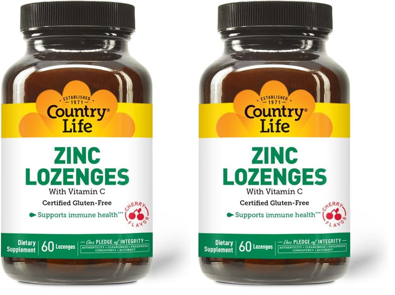 Country Life Zinc Lozenges 23 mg + Vitamin C Cherry Flavor – 60-Count (Pack of 2)