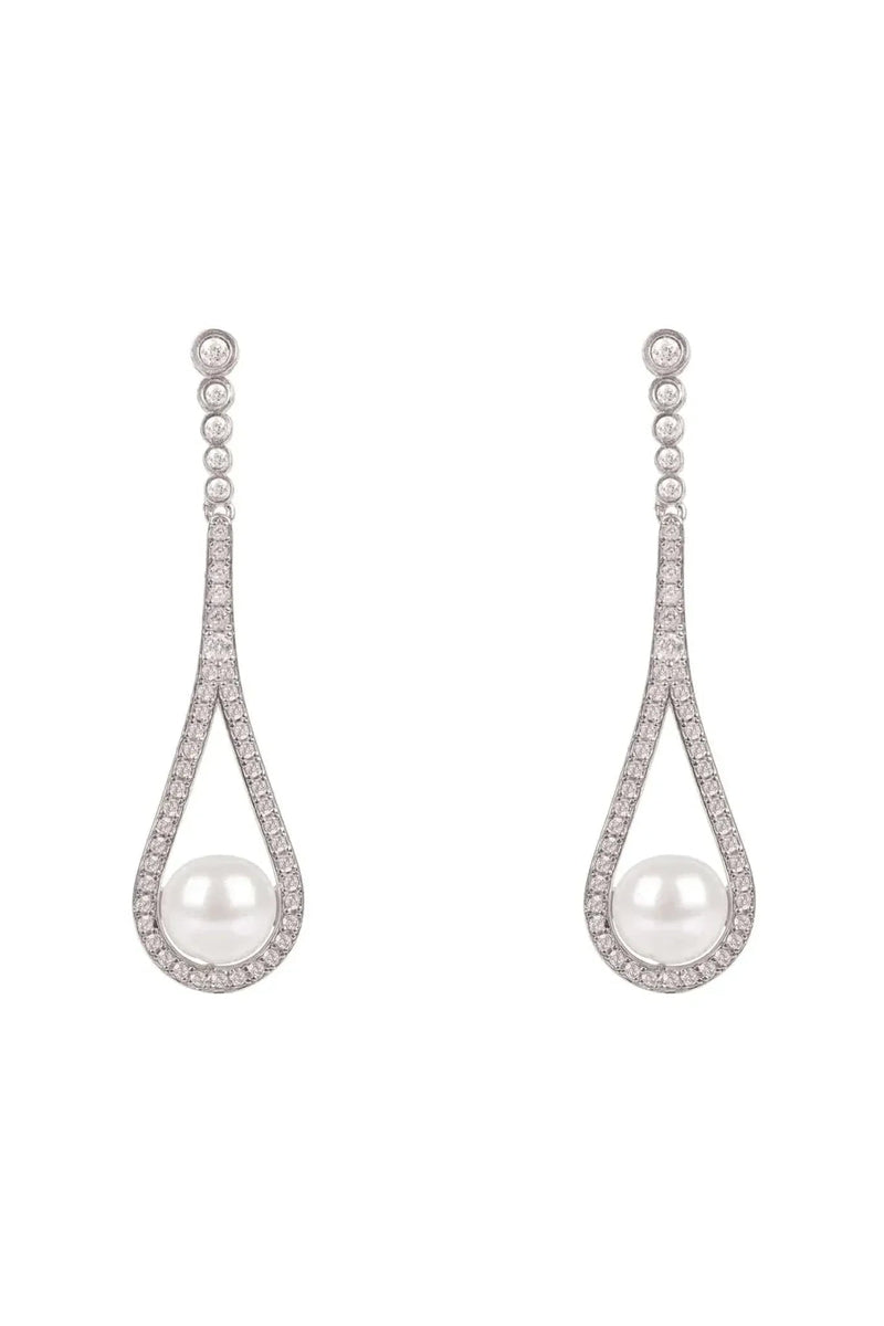 Cradled Pearl Drop Earrings Silver