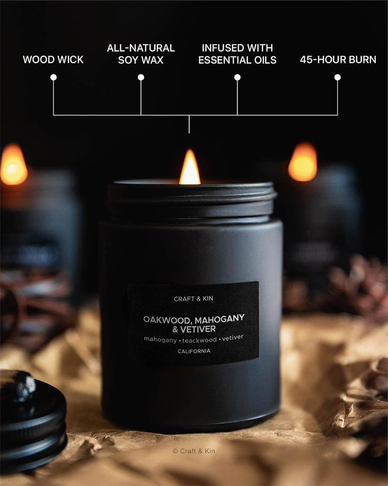 Craft & Kin Oakwood, Mahogany & Vetiver Candle – 7.6oz Soy, 45-Hour Burn