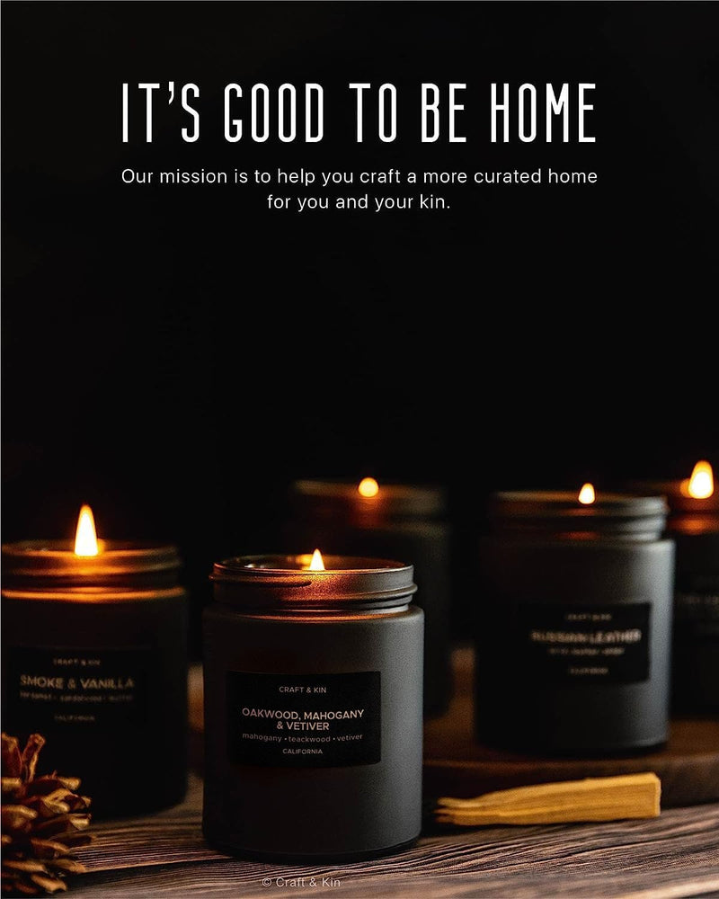 Craft & Kin Oakwood, Mahogany & Vetiver Candle – 7.6oz Soy, 45-Hour Burn