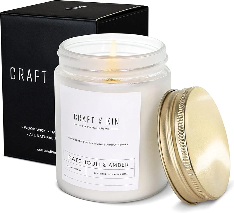 Craft & Kin Patchouli & Amber Christmas Candle — 8 oz, 45-Hour Burn, Natural Soy + Woodwick | Holiday Gifts