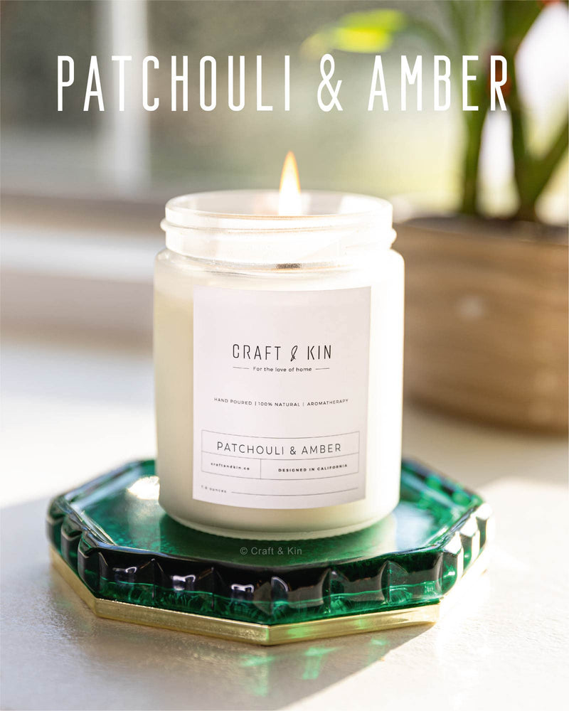 Craft & Kin Patchouli & Amber Christmas Candle — 8 oz, 45-Hour Burn, Natural Soy + Woodwick | Holiday Gifts