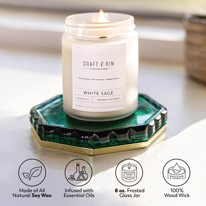 Craft & Kin White Sage Christmas Candles - 8 oz Soy Woodwick, 45 Hour Burn