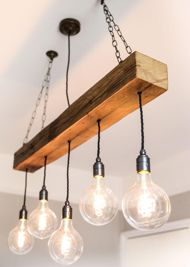 1m Oak Beam Chandelier with 5 Lights | Kitchen Island Lighting UK