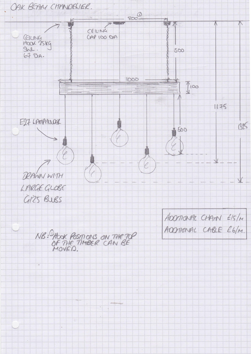 Crafted Oak Beam Chandelier 1m 5 lamp holders