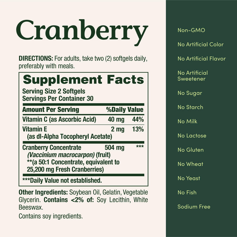 Nature's Bounty Cranberry Dietary Supplement – Urinary Tract & Immune Support, 60 Softgels, 25,200 mg