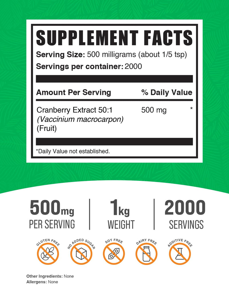 BulkSupplements Cranberry Extract Powder – 500mg/Serving, 1kg, Vegan & Gluten Free