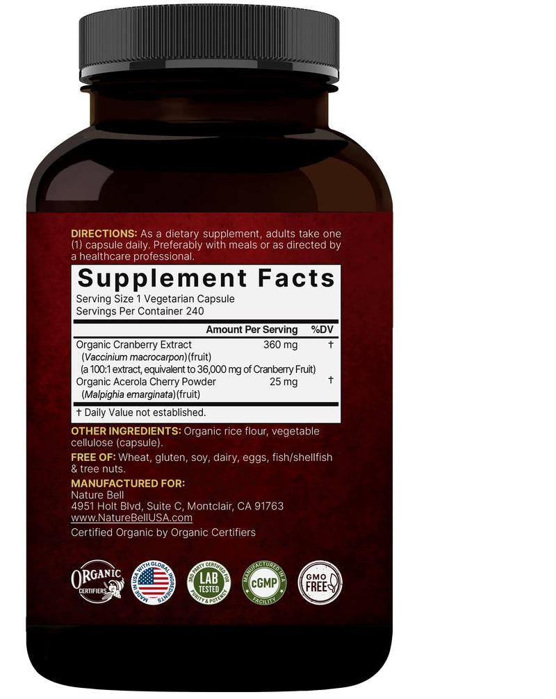 NatureBell Cranberry Pills 2 Pack – 36,000mg Extract, Acerola | Organic, Sugar Free
