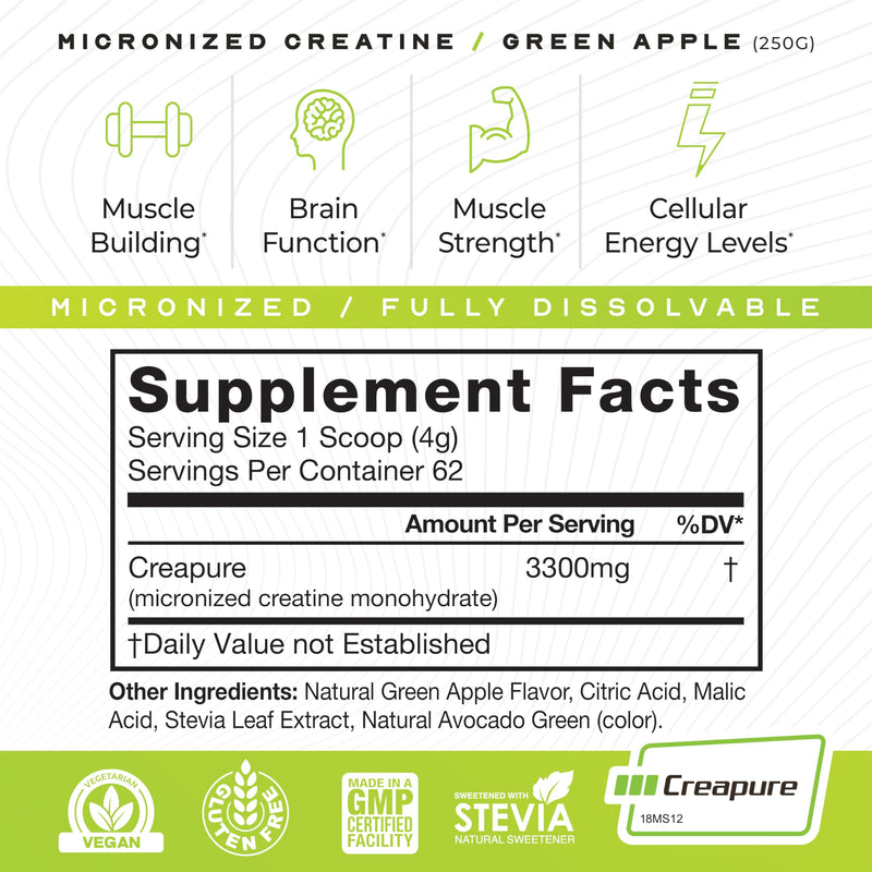 Muscle Feast Creapure – Micronized Creatine Monohydrate Powder (Green Apple, 250g) | Easy Mix, Gluten-Free, Vegan Pre/Post-Workout